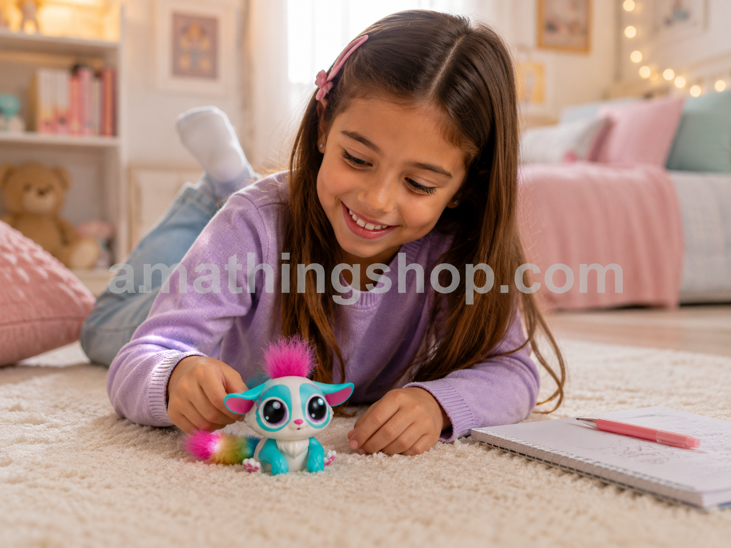 Niña jugando con la mascota interactiva Lil' Gleemerz Amiglow original de Mattel con cola luminosa multicolor en una habitación infantil