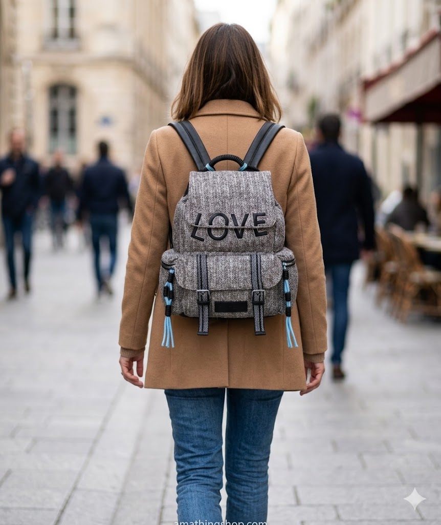 Mochila Desigual mujer gris con bordado LOVE usada en la espalda en un entorno urbano, ideal para uso diario, trabajo o paseos por la ciudad.