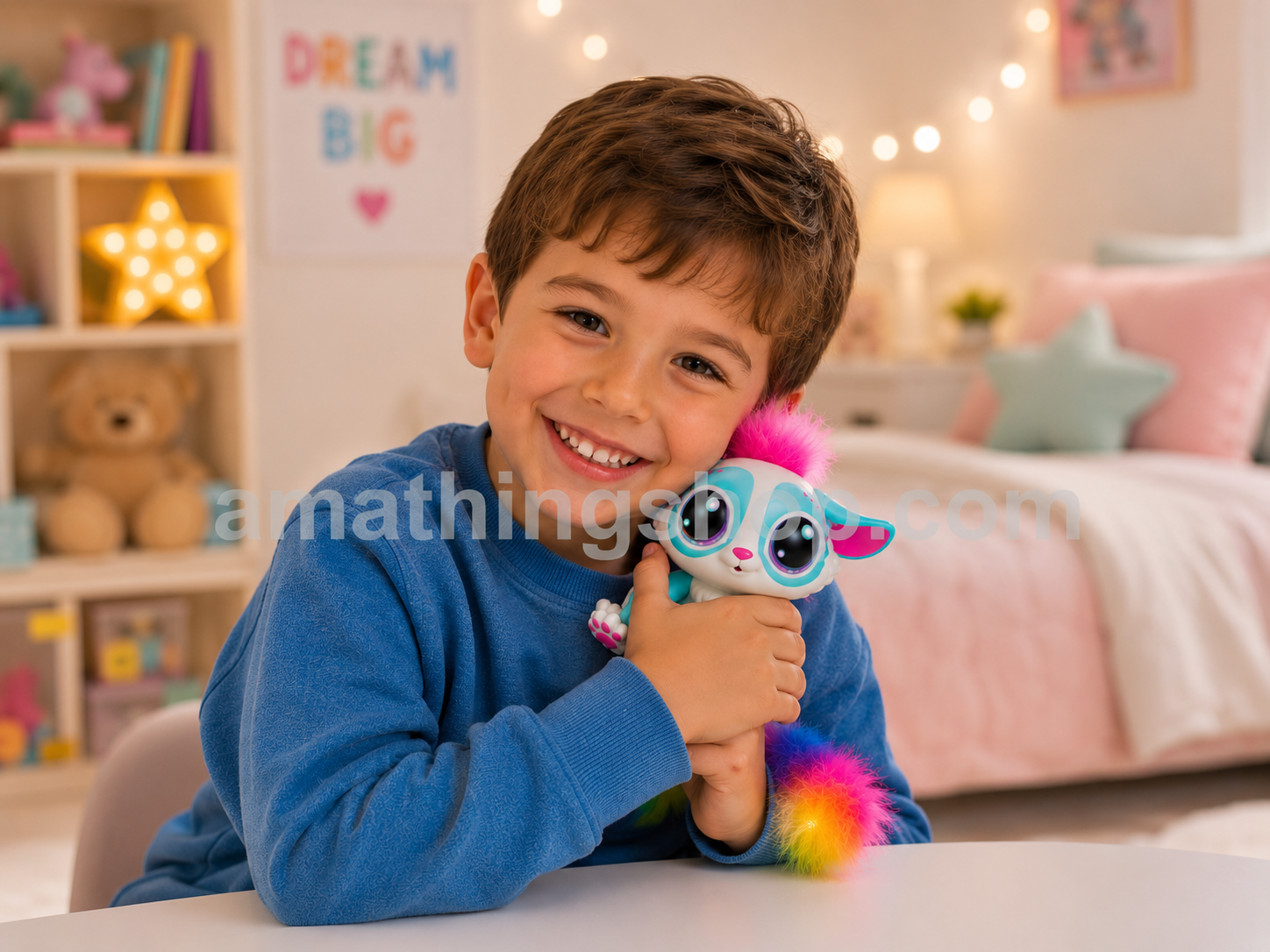 Niño abrazando la mascota interactiva Lil' Gleemerz Amiglow original de Mattel con cola luminosa multicolor en una habitación infantil acogedora