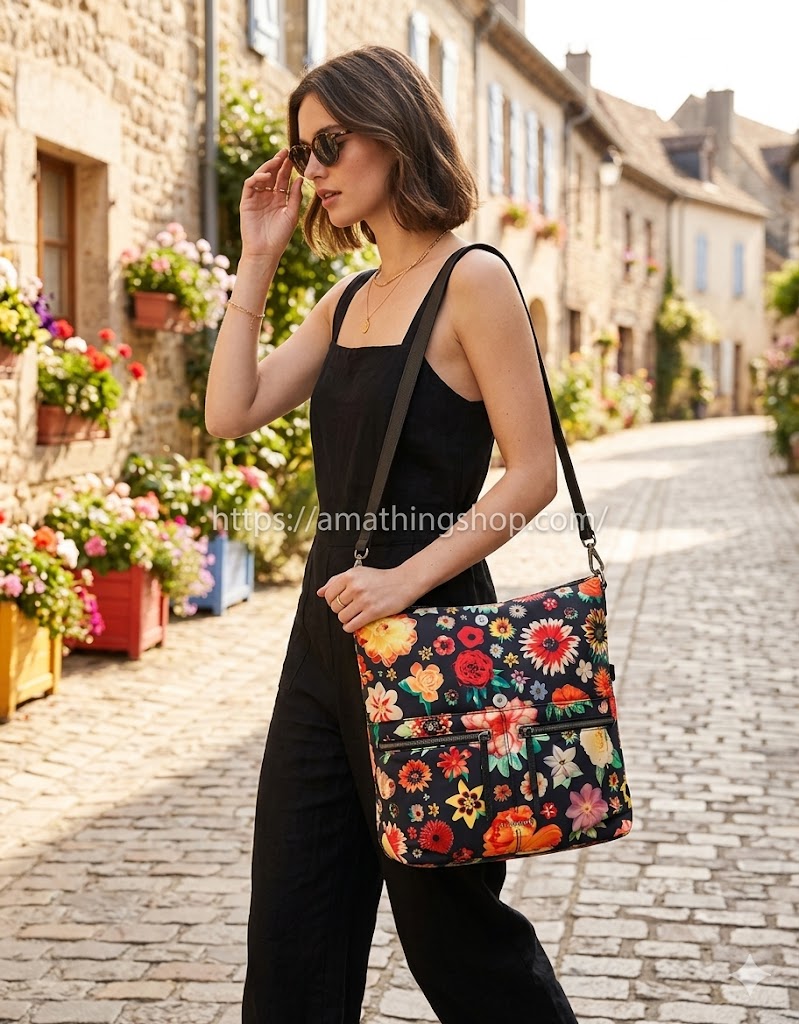 Mujer elegante caminando por una calle adoquinada de un pueblo francés con un vestido negro, llevando al hombro el bolso grande floral Desigual Christian Lacroix Pekin. La imagen muestra el tamaño real y la versatilidad del bolso. Disponible en amathingshop.com.