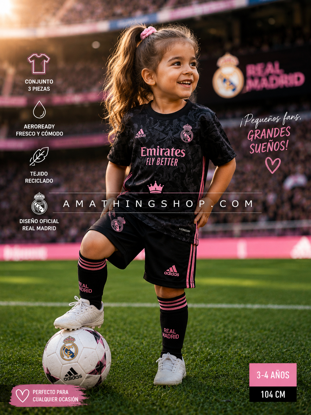 Niña de 4 años usando conjunto Real Madrid Adidas negro y rosa completo con camiseta, pantalón y medias.