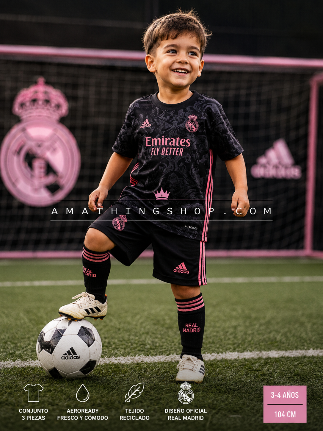 Niño de 3 años usando conjunto Real Madrid Adidas negro y rosa completo con camiseta, pantalón y medias.