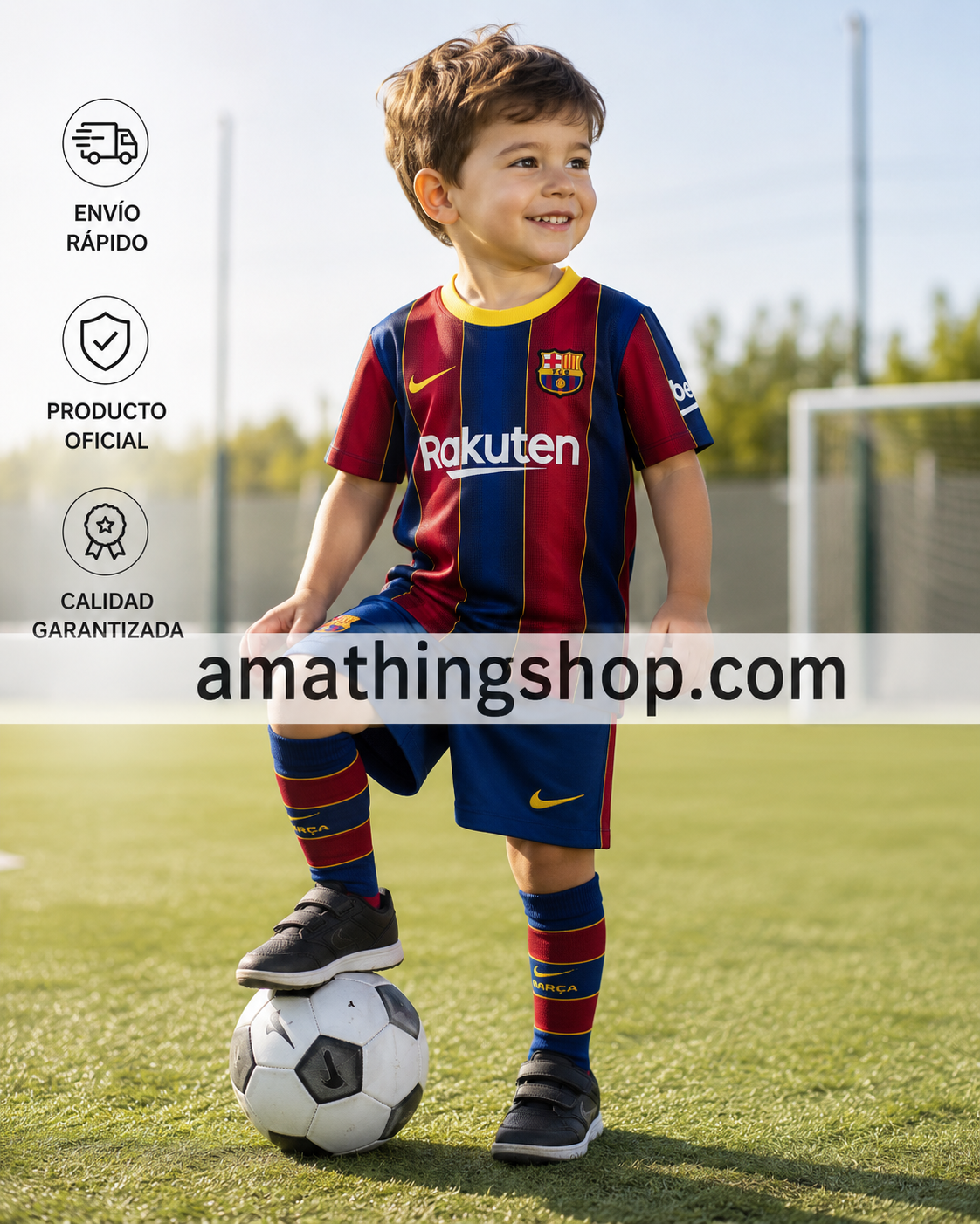 Niño con equipación completa azulgrana de fútbol sobre campo deportivo. Imagen lifestyle infantil deportiva optimizada para Google Imágenes, Pinterest y tienda online de ropa fútbol niño.