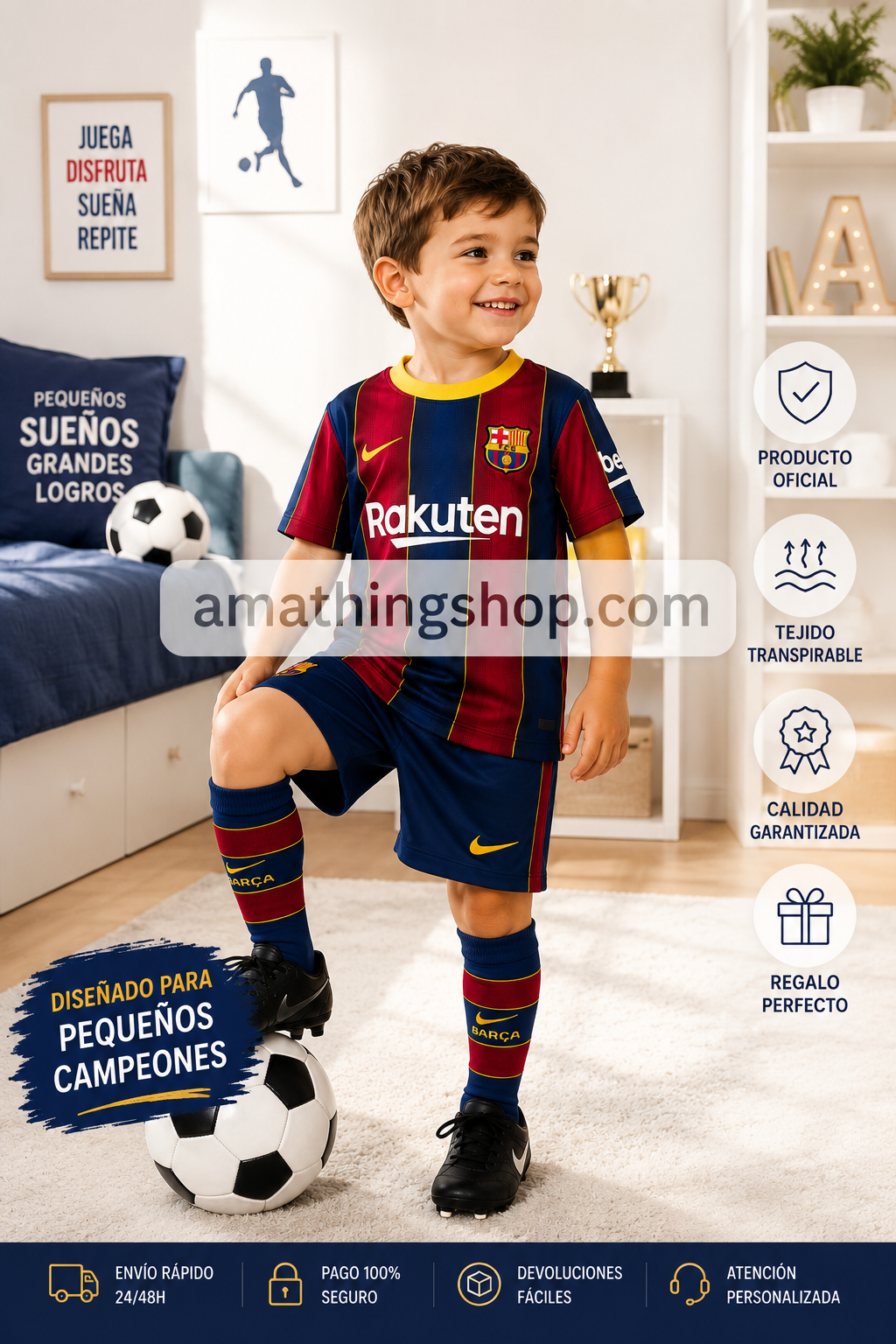 Niño pequeño con equipación completa azulgrana de fútbol en habitación infantil deportiva moderna. Imagen lifestyle optimizada para Google Imágenes, Pinterest y ecommerce infantil deportivo.