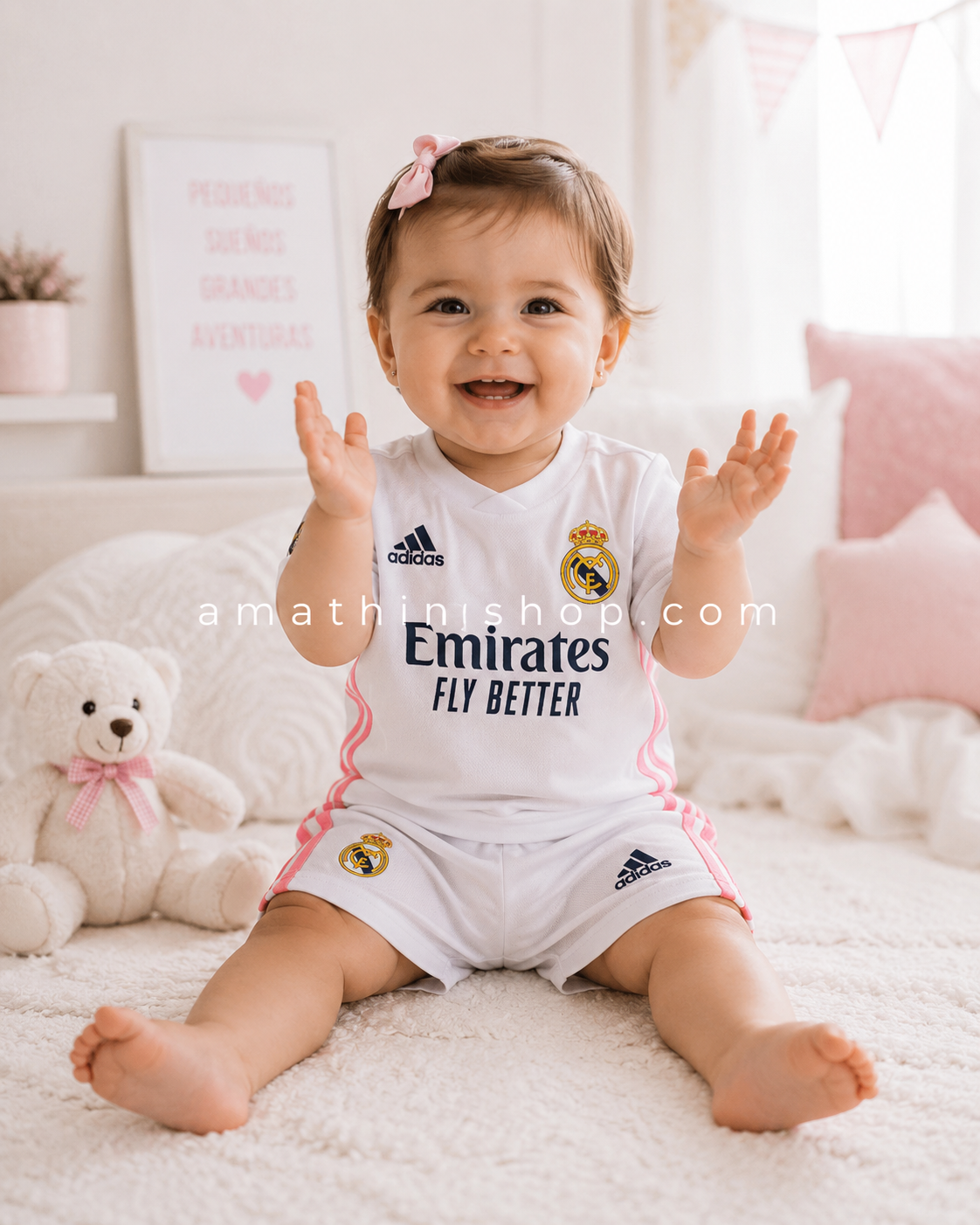 Bebé niña con miniconjunto Real Madrid Adidas blanco rosa en habitación infantil pastel