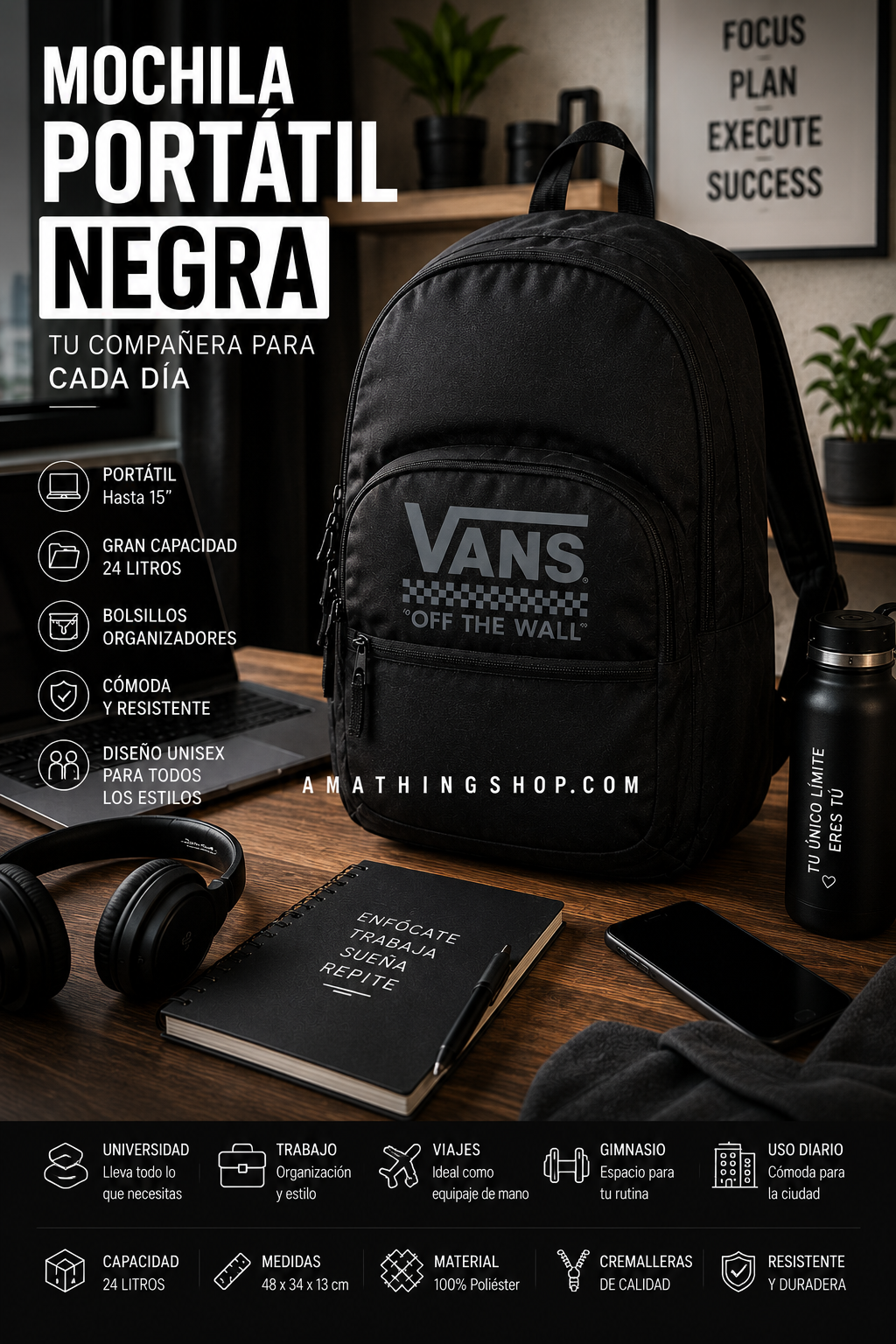 Mochila portátil negra Vans 24 litros para trabajo universidad y portátil 15 pulgadas