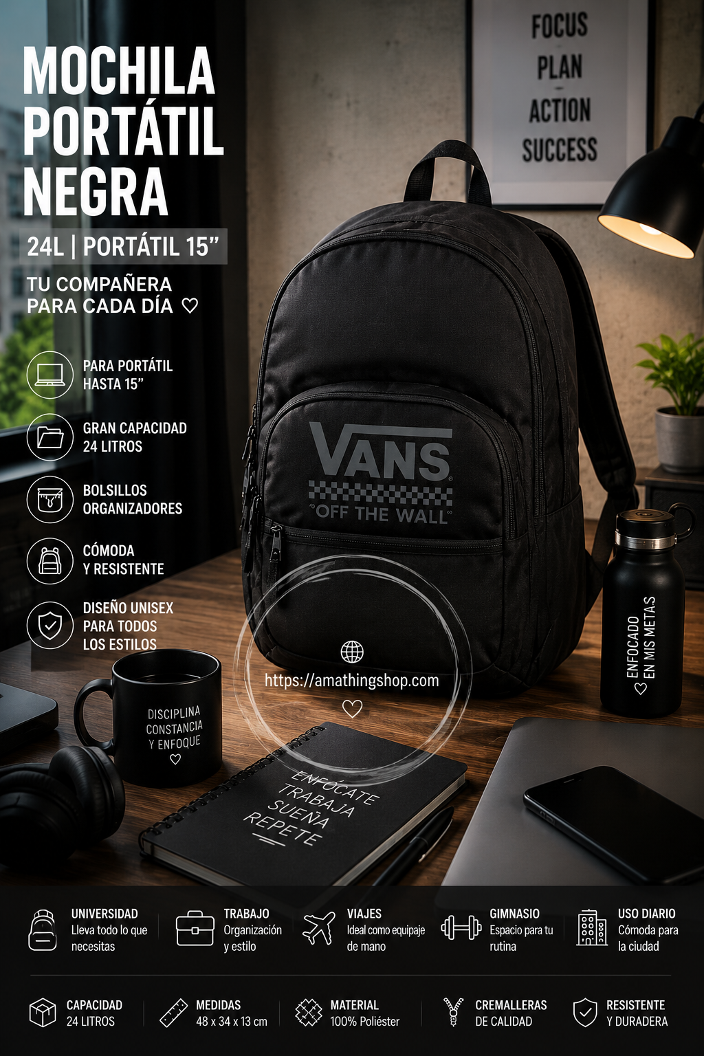 Mochila portátil negra Vans 24 litros unisex para trabajo universidad y viajes