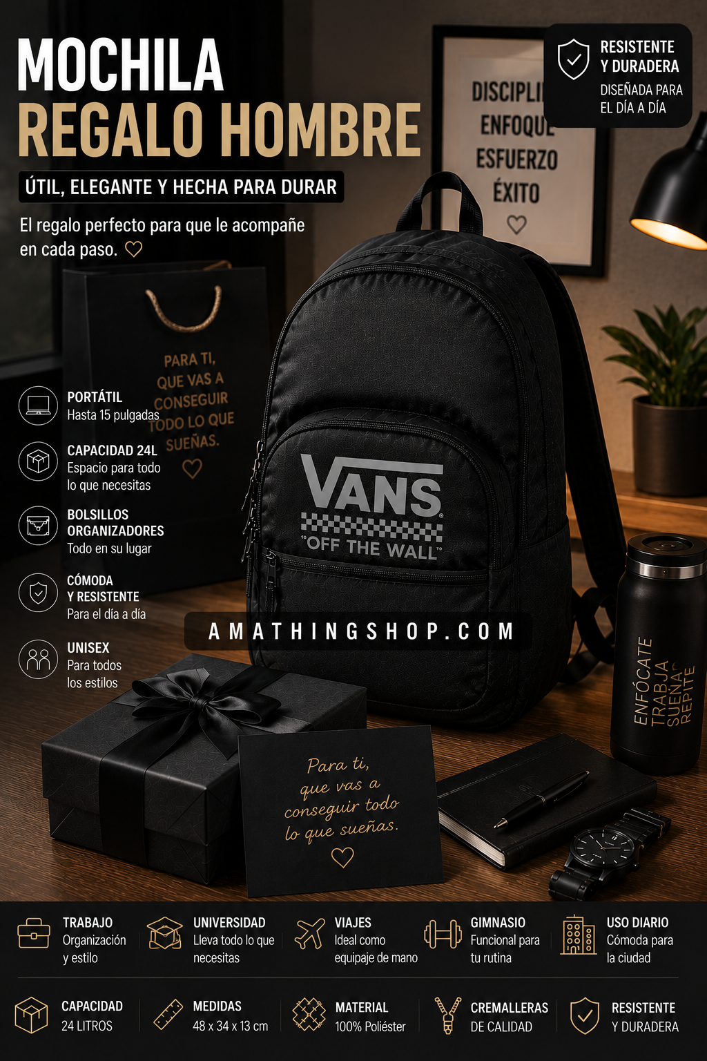 Mochila regalo hombre Vans negra 24 litros para portátil trabajo y universidad