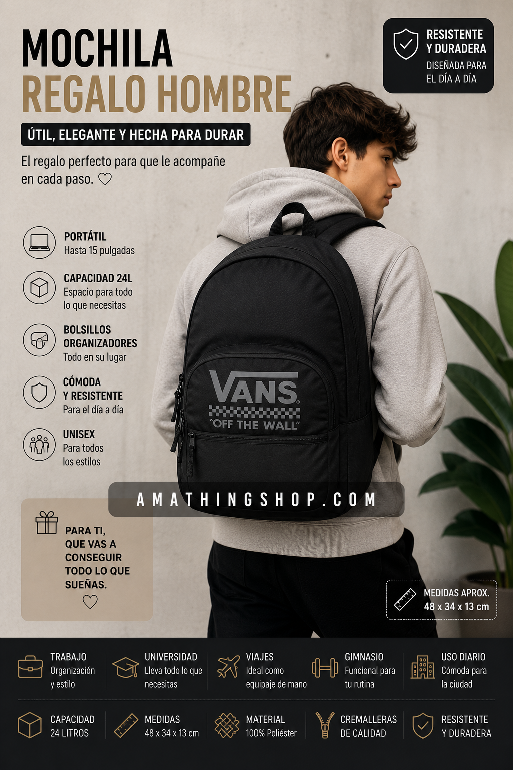 Mochila Vans negra hombre 24 litros para portátil trabajo universidad y uso diario