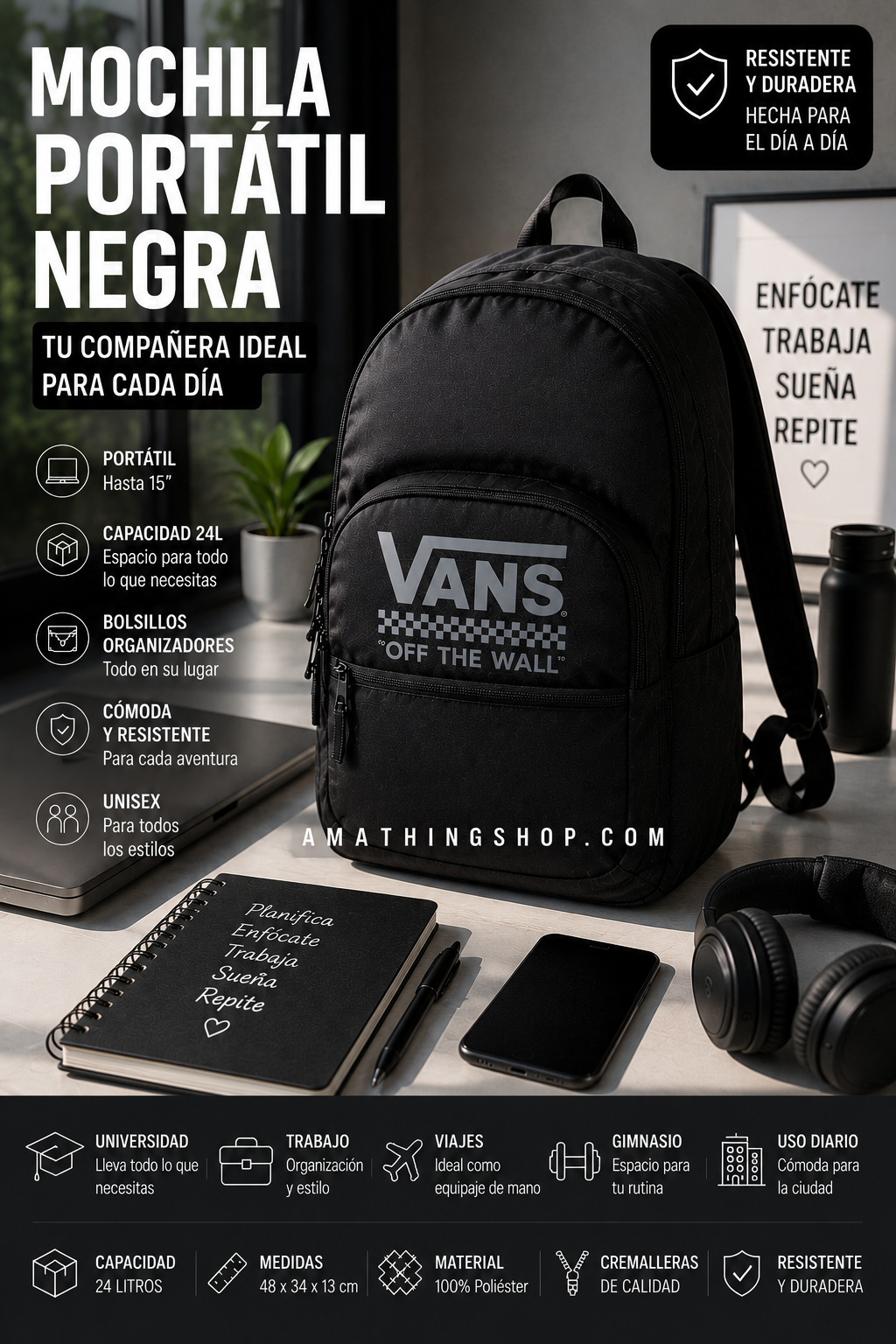 Mochila trabajo portátil Vans negra 24 litros para oficina universidad y viajes