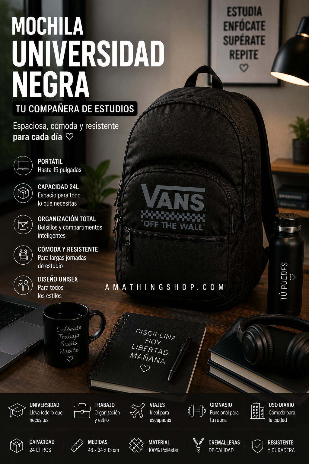 Mochila universidad negra Vans 24 litros para portátil estudios y uso diario