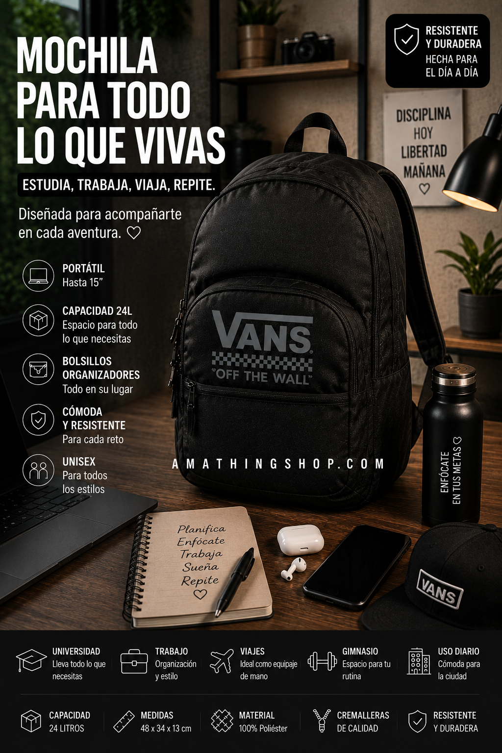 Mochila urbana negra Vans 24 litros para portátil trabajo y ciudad