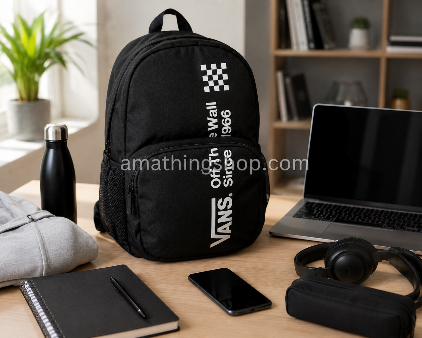 Mochila Vans Alumni Pack 3 B negra 27L sobre escritorio con portátil, libreta, auriculares, botella, móvil y sudadera, ideal para universidad, trabajo, gimnasio, viajes cortos y uso diario.