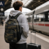 Mochila Vans camuflaje 27L para viajes de fin de semana y escapadas cortas Joven esperando en una estación de tren con mochila Vans camuflaje de 27 litros y maleta de cabina para una escapada de fin de semana.