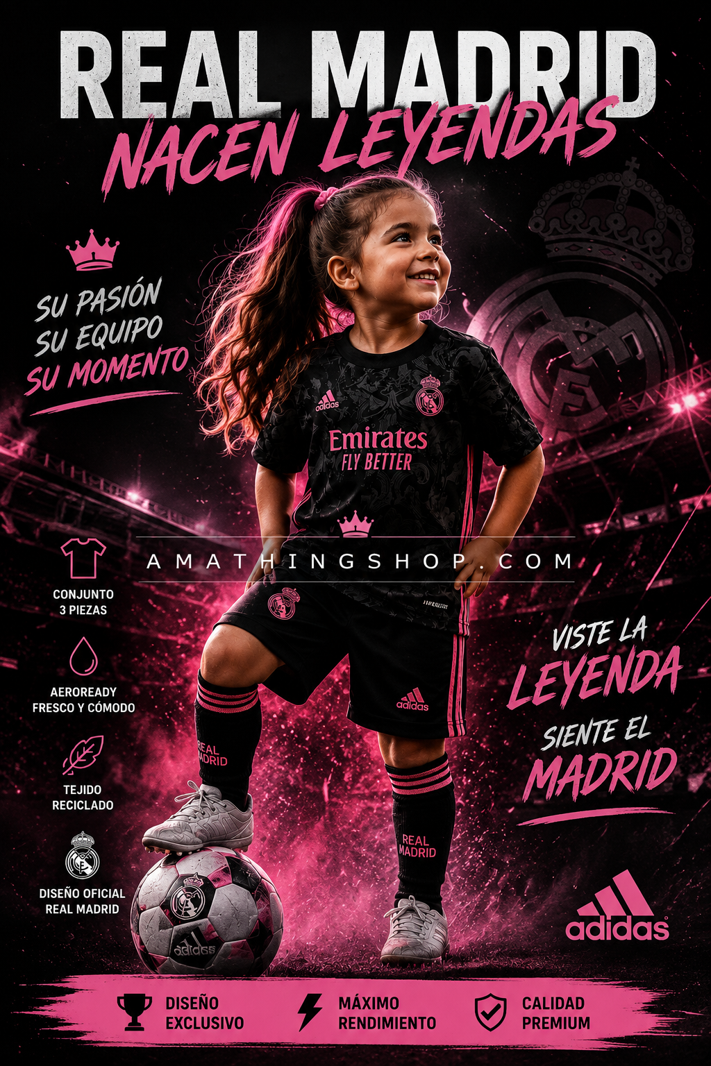 Poster deportivo de niña usando conjunto Real Madrid Adidas negro y rosa con estilo lifestyle futbolero.