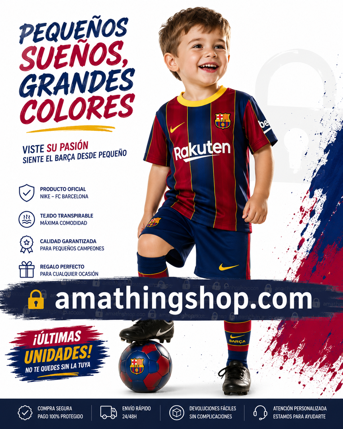 Niño pequeño con equipación azulgrana completa de fútbol sobre fondo blanco estilo lifestyle deportivo. Imagen optimizada para Google Imágenes, Pinterest y tienda online infantil deportiva.