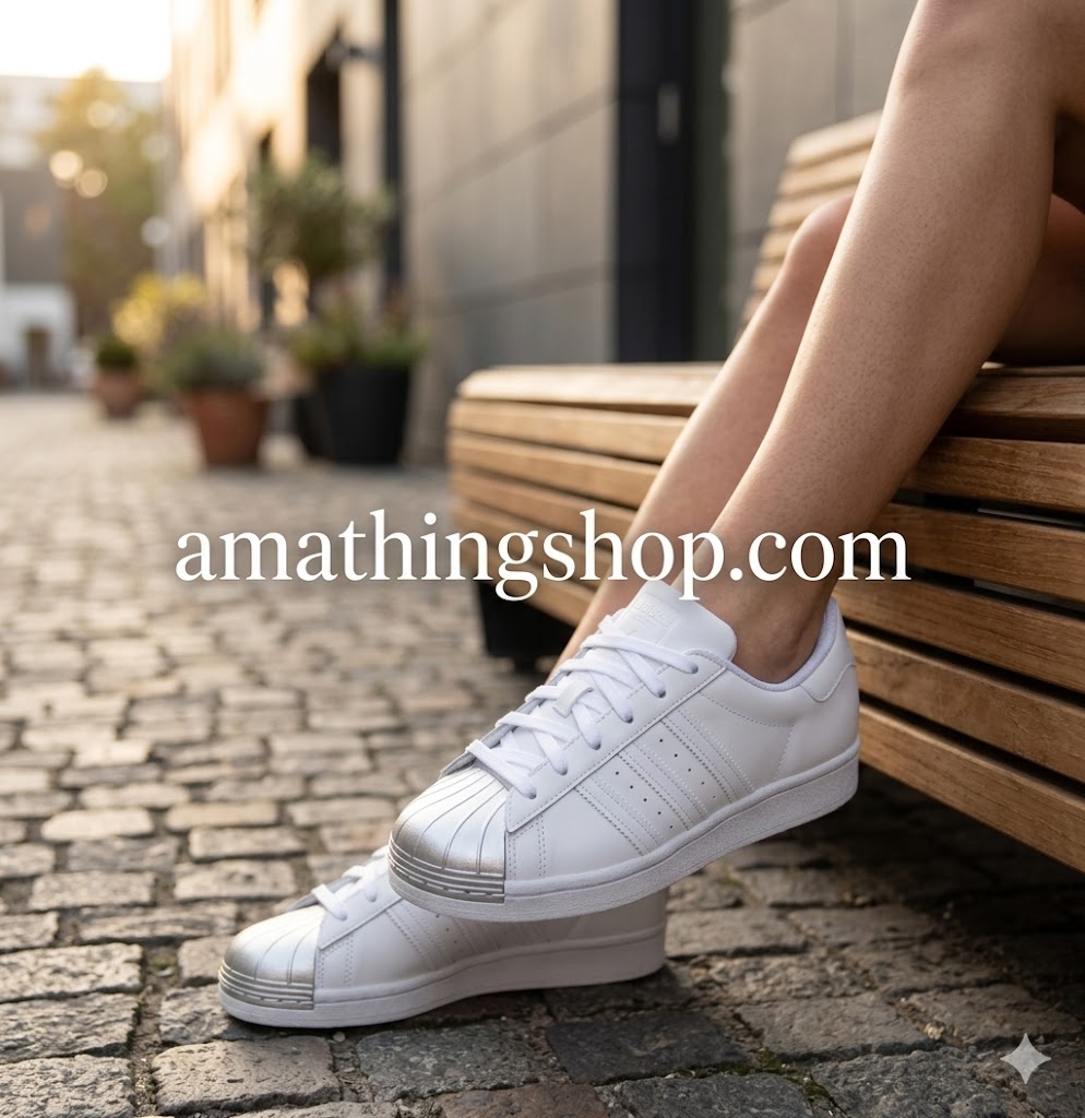 Primer plano de zapatillas Adidas Superstar blancas con puntera de concha plateada metalizada, puestas por una chica sentada en un banco de madera, imagen de amathingshop.com.