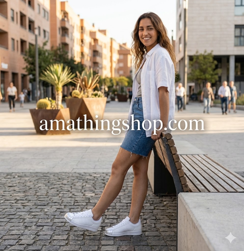 Mujer joven con estilo urbano vistiendo falda vaquera y camisa blanca con zapatillas Adidas Superstar de punta plateada, look de día en la ciudad, disponible en amathingshop.com.