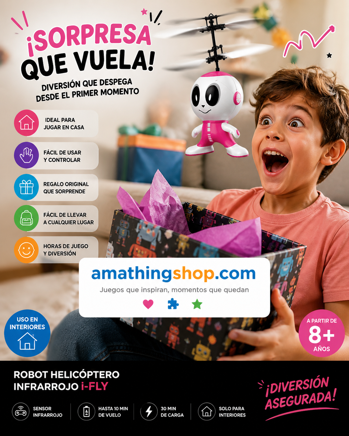 robot helicoptero infrarrojo i fly rosa niño reaccion sorpresa regalo juguete volador interior