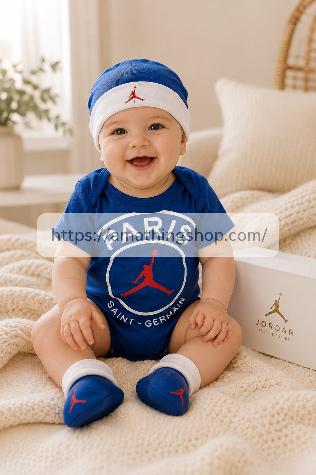 Bebé usando conjunto Nike Air Jordan PSG azul con body gorro y patucos en ambiente premium luminoso