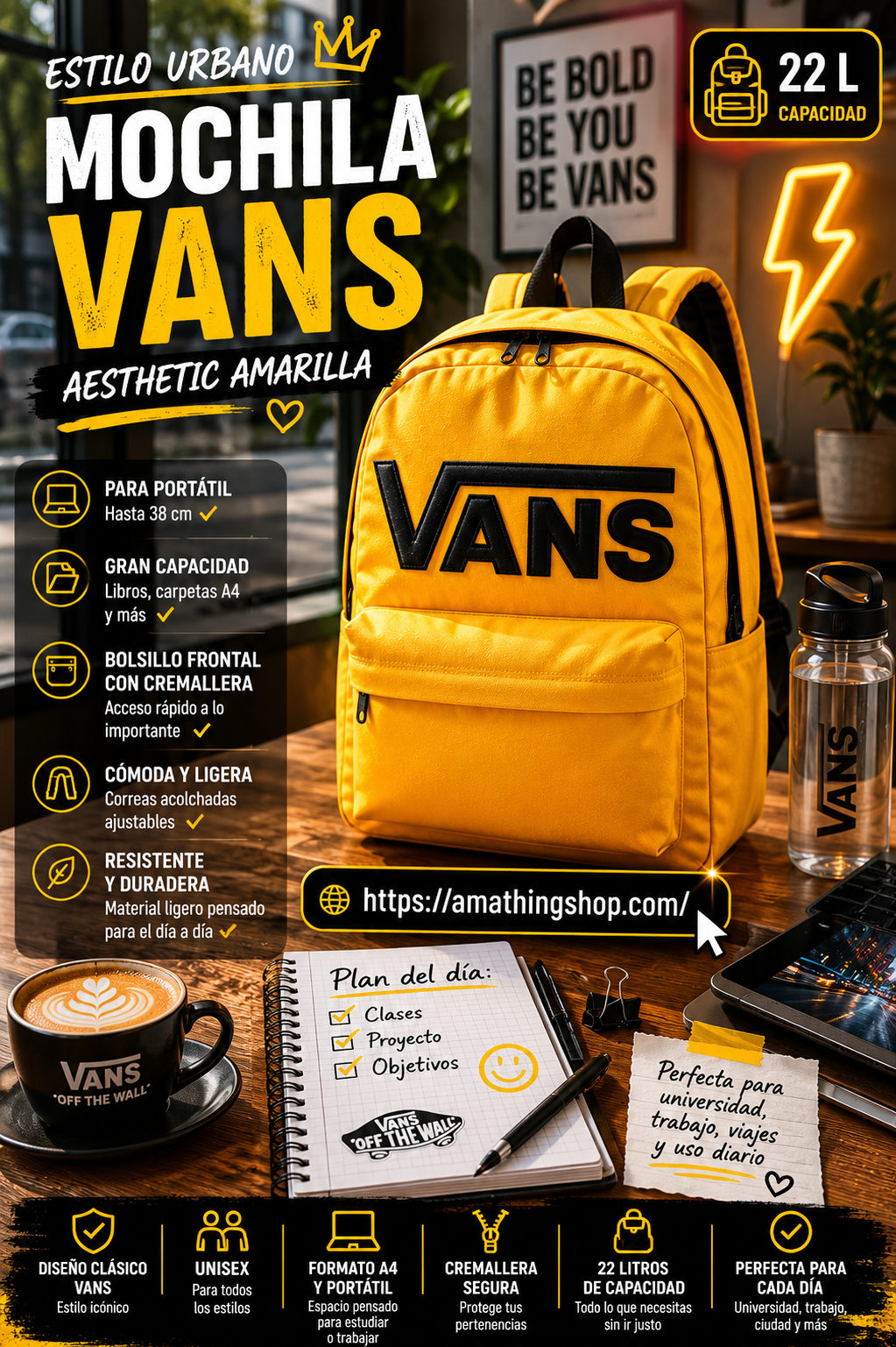 Mochila aesthetic amarilla Vans unisex para portátil cafetería y universidad