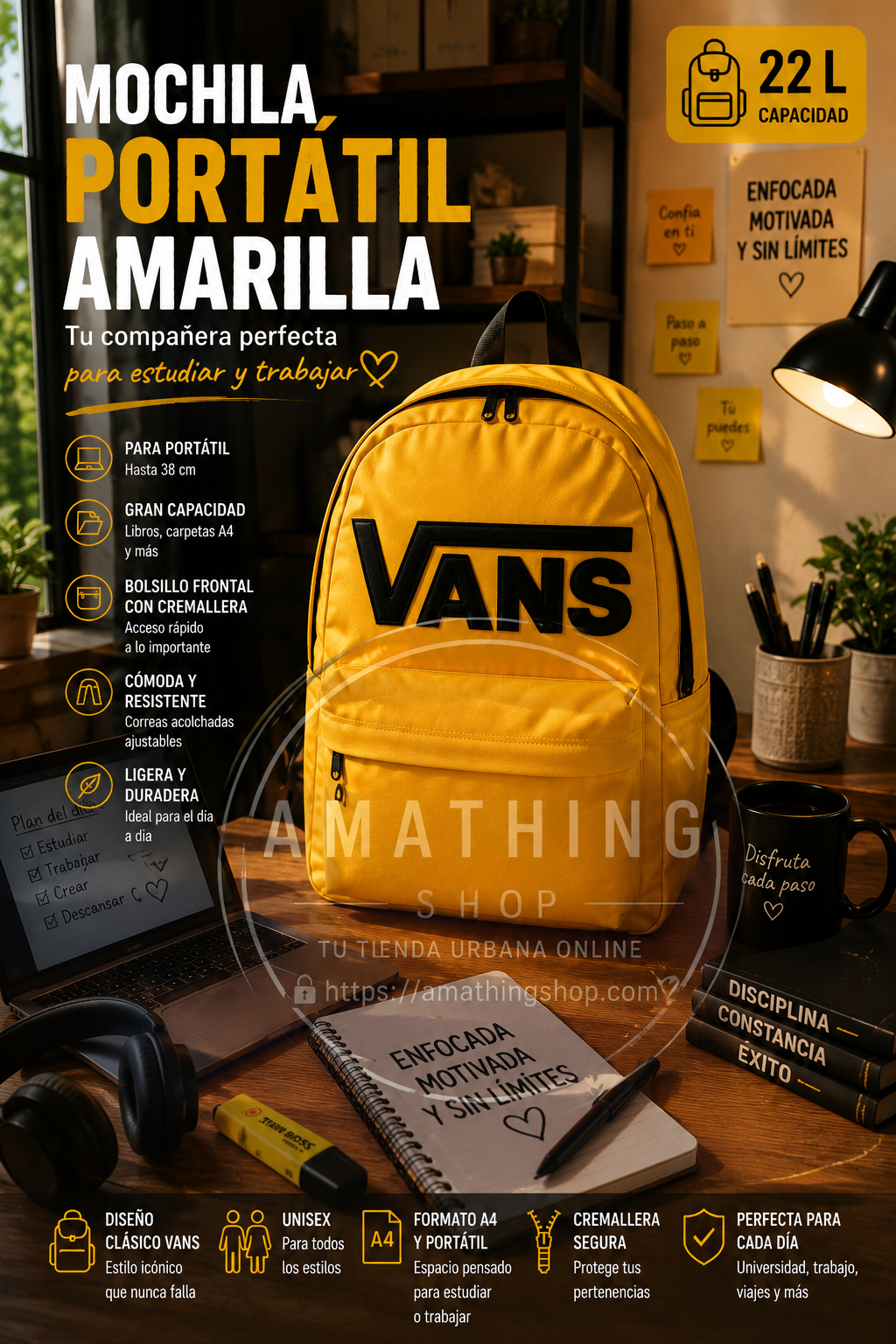 Mochila portátil amarilla Vans Golden Glow para estudio universidad y portátil