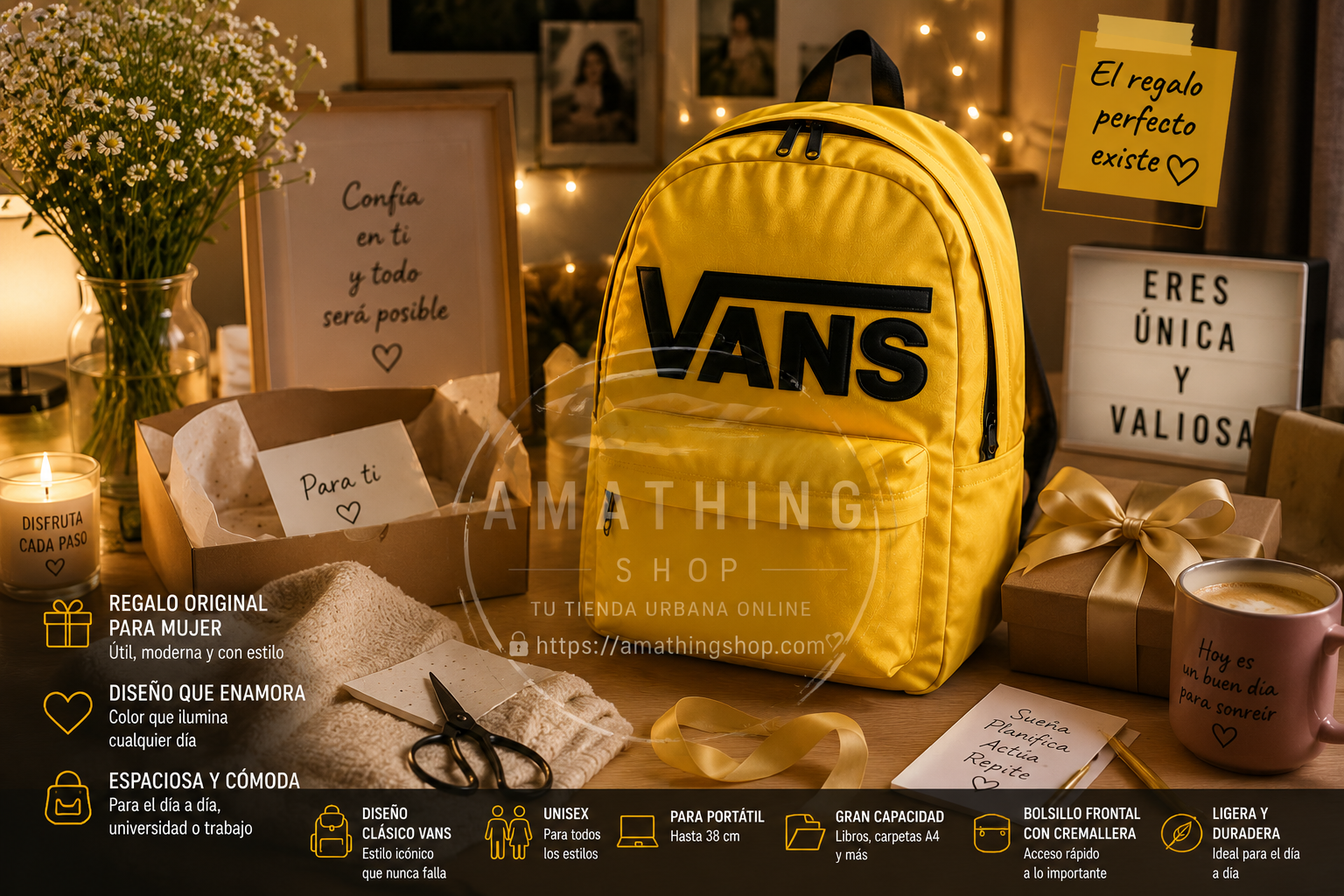 Mochila regalo original mujer Vans amarilla Golden Glow moderna y urbana