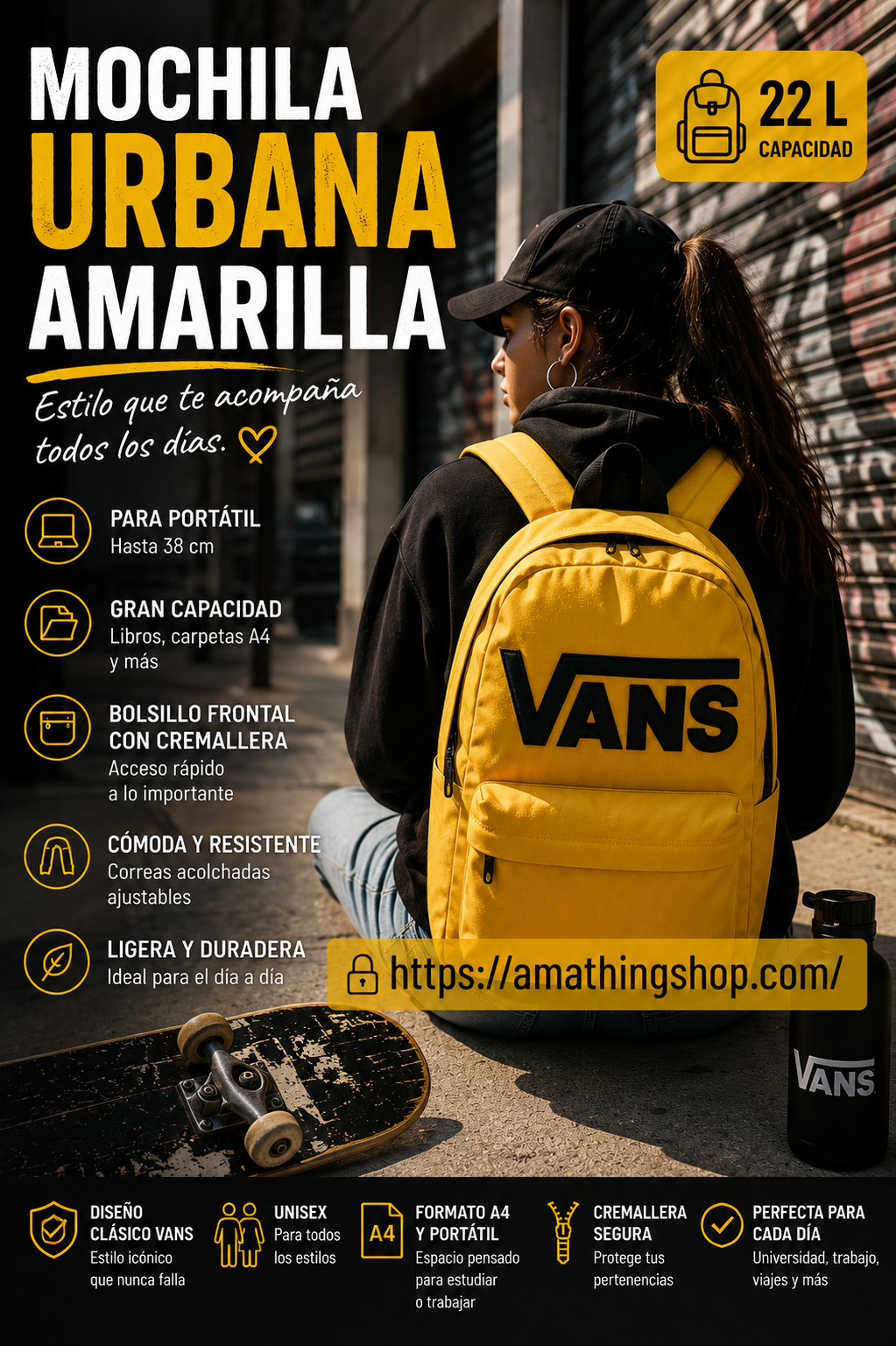 Mochila urbana amarilla Vans unisex para portátil universidad y estilo streetwear