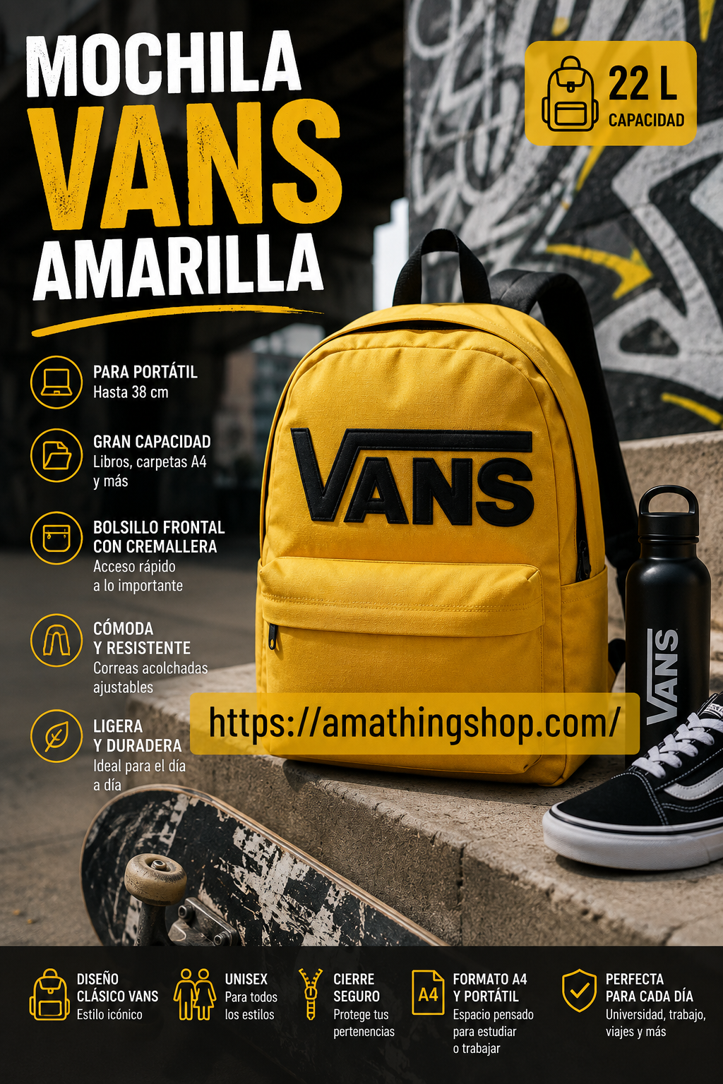 Mochila Vans amarilla Golden Glow unisex para portátil universidad y uso diario