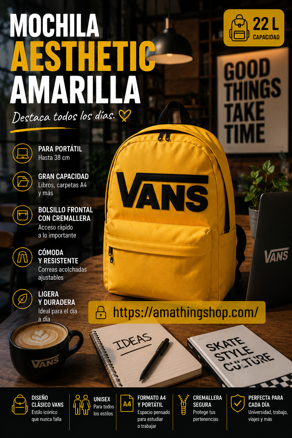 Mochila streetwear amarilla Vans para portátil universidad y outfits urbanos