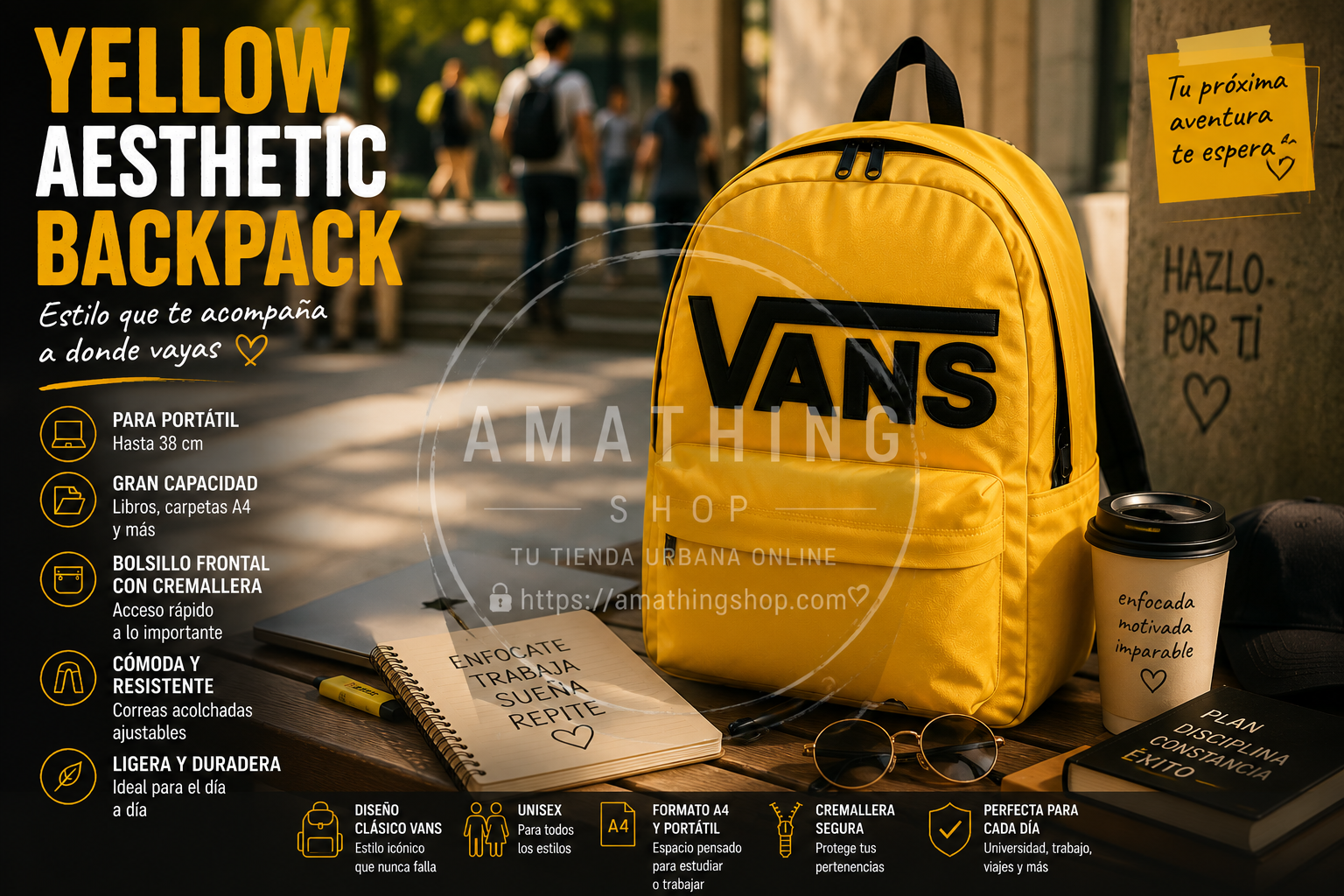 Yellow aesthetic backpack Vans amarilla unisex para portátil universidad y lifestyle urbano