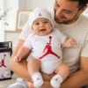 Padre sosteniendo a un bebé con conjunto Nike Air Jordan de tres piezas blanco y rojo compuesto por body, gorro y patucos modelo MJ0041-001