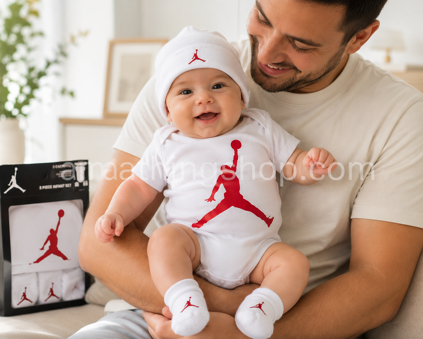 Padre sosteniendo a un bebé con conjunto Nike Air Jordan de tres piezas blanco y rojo compuesto por body, gorro y patucos modelo MJ0041-001