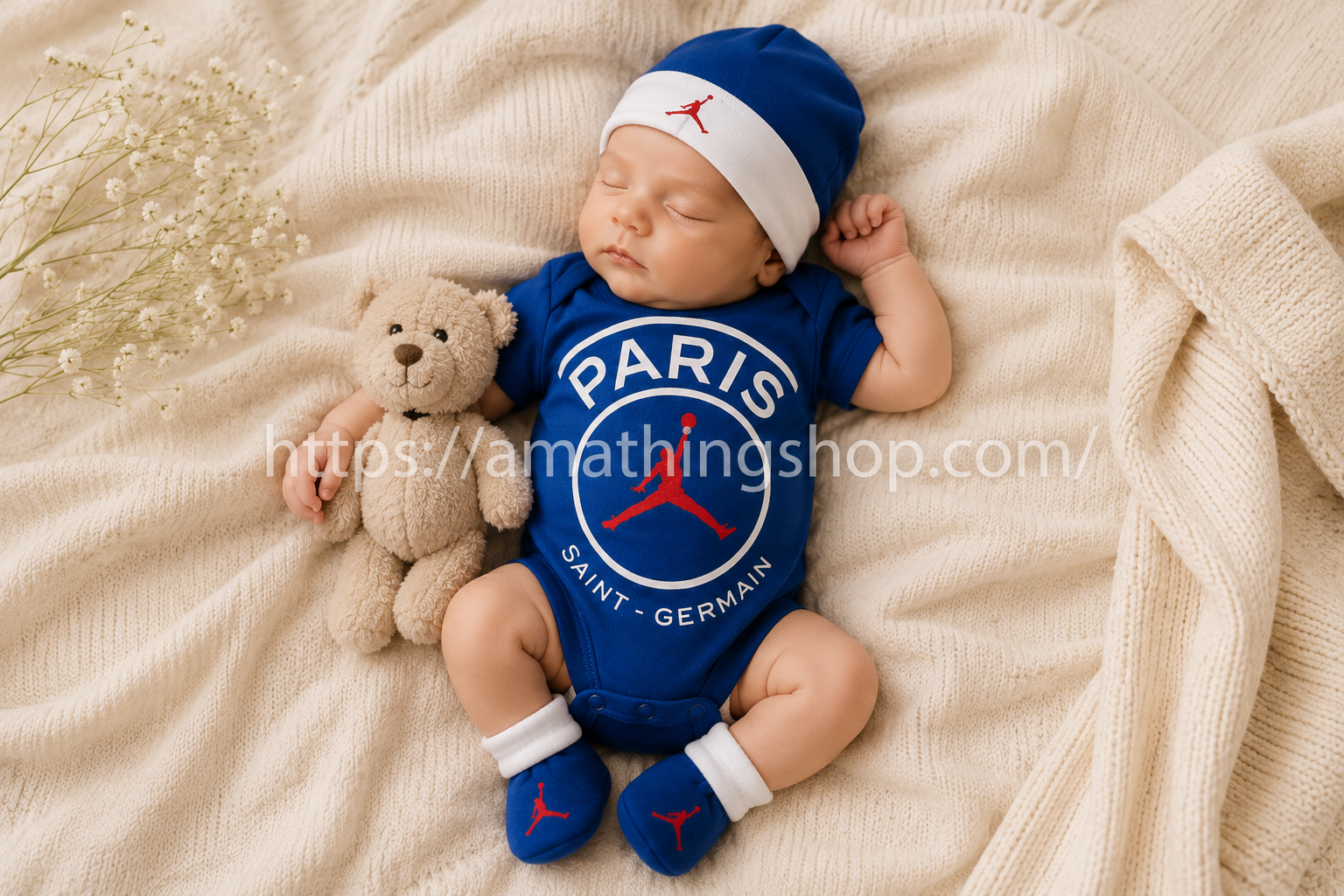 Bebé dormido usando conjunto Nike Air Jordan PSG azul sobre manta beige premium