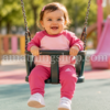 Bebé niña en un columpio llevando chándal Adidas rosa de sudadera y pantalón durante una tarde de juegos al aire libre.