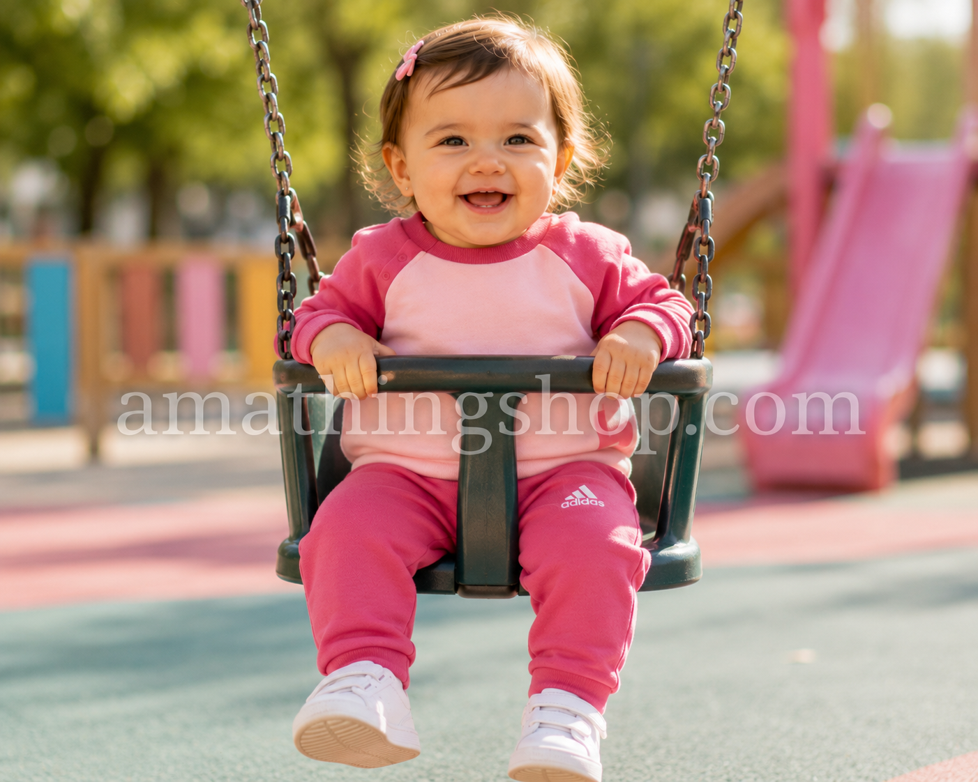 Bebé niña en un columpio llevando chándal Adidas rosa de sudadera y pantalón durante una tarde de juegos al aire libre.