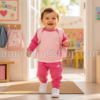 Bebé niña caminando hacia la guardería con chándal Adidas rosa de sudadera y pantalón a juego y mochila infantil.