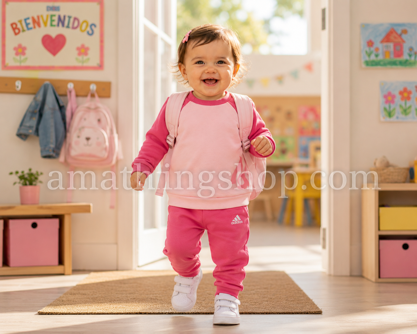 Bebé niña caminando hacia la guardería con chándal Adidas rosa de sudadera y pantalón a juego y mochila infantil.