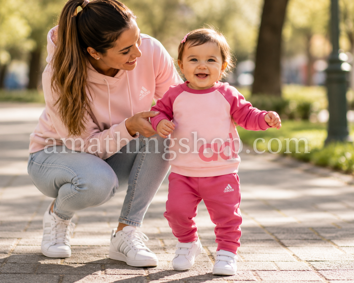 Bebé niña caminando junto a su madre con chándal Adidas rosa de sudadera y pantalón en un paseo al aire libre.