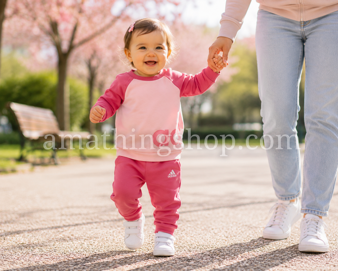Bebé niña caminando de la mano de su madre con chándal Adidas rosa de sudadera y pantalón para 9 a 12 meses.