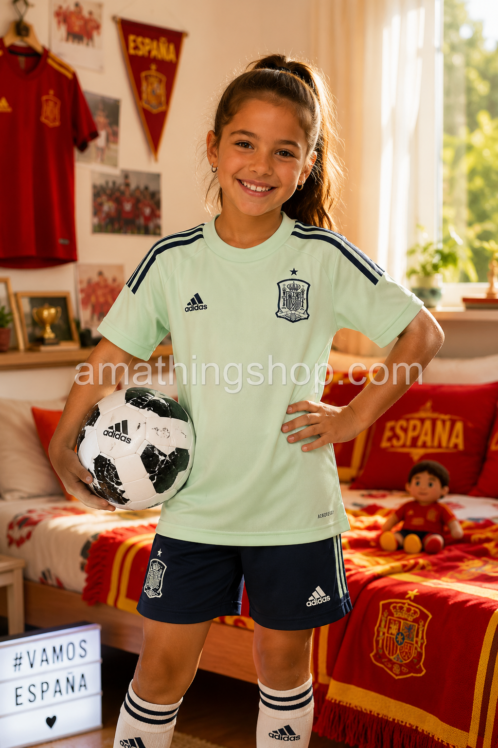 Camiseta niña Selección Española Adidas oficial FI6276 Niña de 8 años con camiseta oficial Selección Española Adidas FI6276 verde menta sosteniendo un balón de fútbol