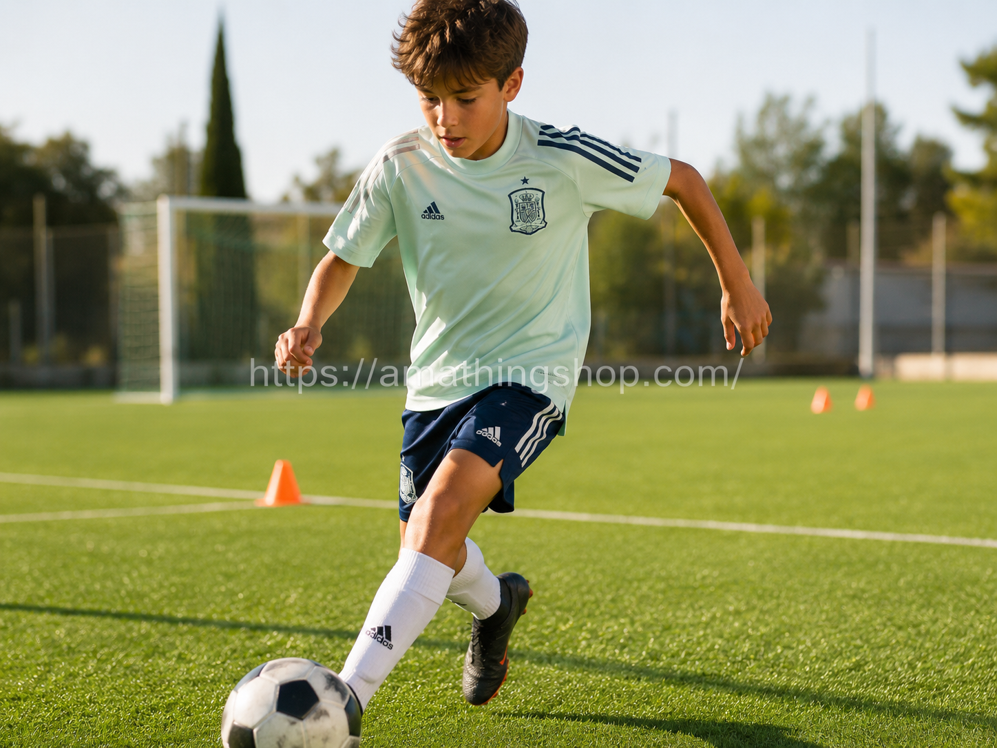 Niño entrenando con camiseta Selección Española Adidas verde menta FI6276 en campo de fútbol Niño entrenando con camiseta Selección Española Adidas verde menta FI6276 en campo de fútbol