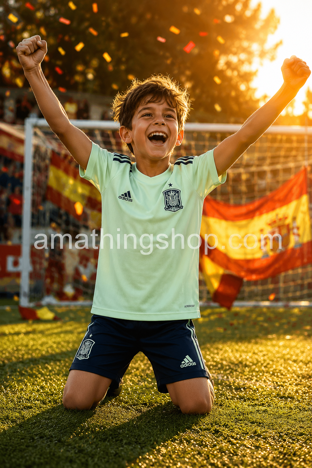 Camiseta niño Selección Española Adidas celebrando gol Niño celebrando un gol con camiseta oficial Selección Española Adidas FI6276 verde menta