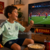 Camiseta niño Selección Española Adidas viendo partido de España Niño viendo un partido de España con camiseta oficial Adidas Selección Española FI6276 verde menta