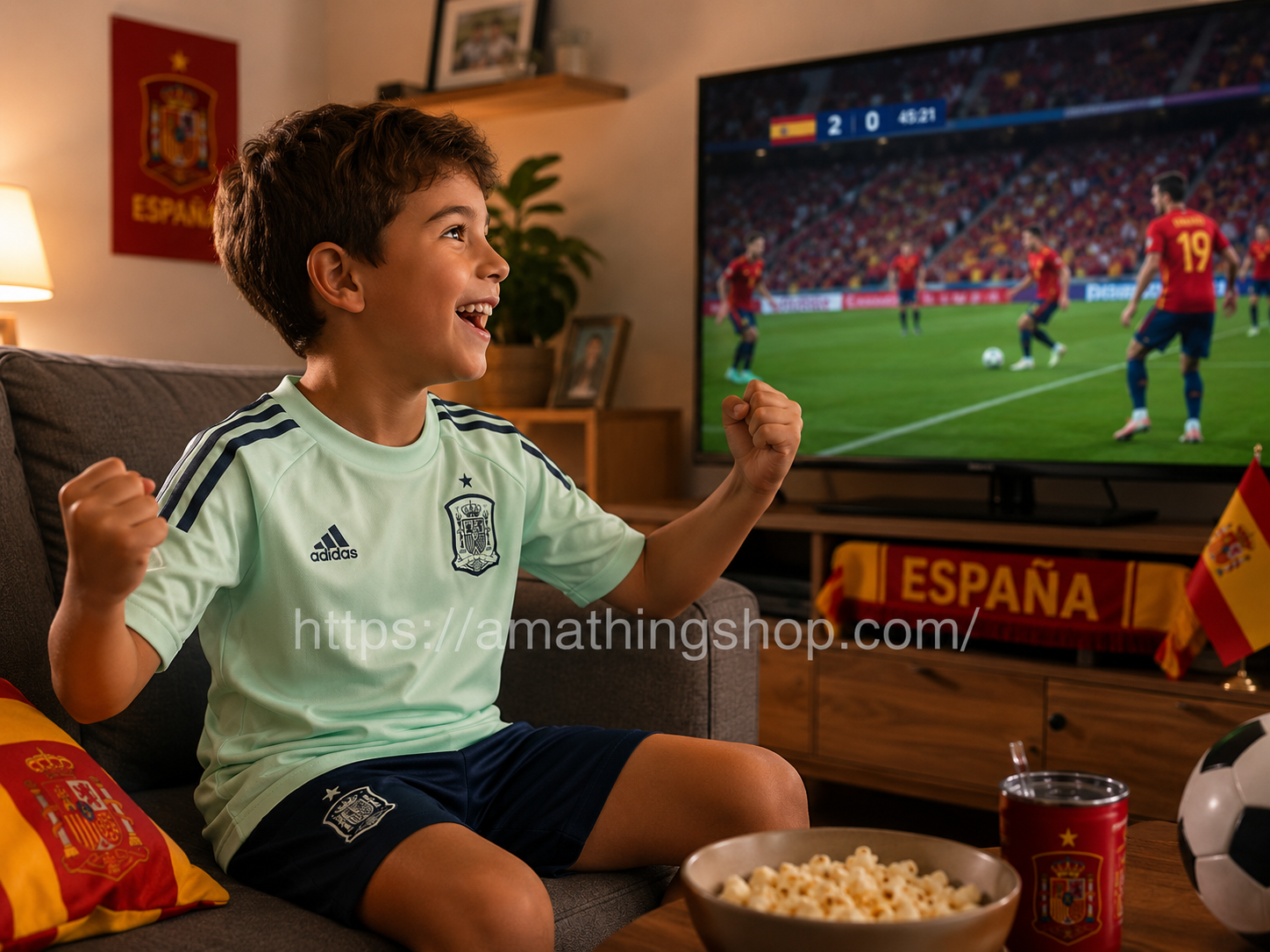 Camiseta niño Selección Española Adidas viendo partido de España Niño viendo un partido de España con camiseta oficial Adidas Selección Española FI6276 verde menta
