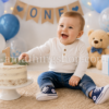 Converse First Star bebé azul en celebración de primer cumpleaños Bebé celebrando su primer cumpleaños con zapatillas Converse First Star azul marino en una fiesta infantil decorada en tonos azules.