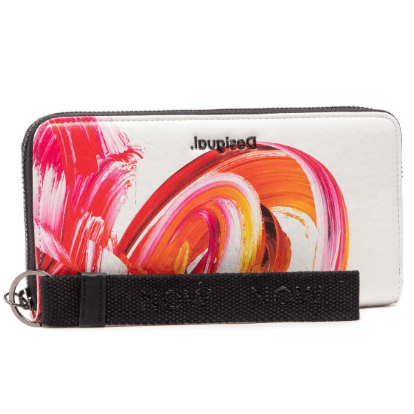 Monedero Desigual Fiona Unbreakable blanco grande con estampado artístico multicolor y cierre de cremallera perimetral.