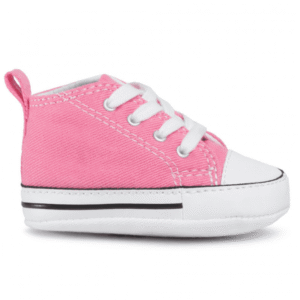 Zapatillas Converse First Star Hi rosa para recién nacido, modelo 88871, con diseño de lona flexible, suela ligera y cierre de cordones decorativos.