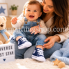 Zapatillas Converse bebé azul para baby shower y recién nacido Converse bebé azul vaquero junto a una caja regalo para recién nacido en ambiente cálido y familiar.