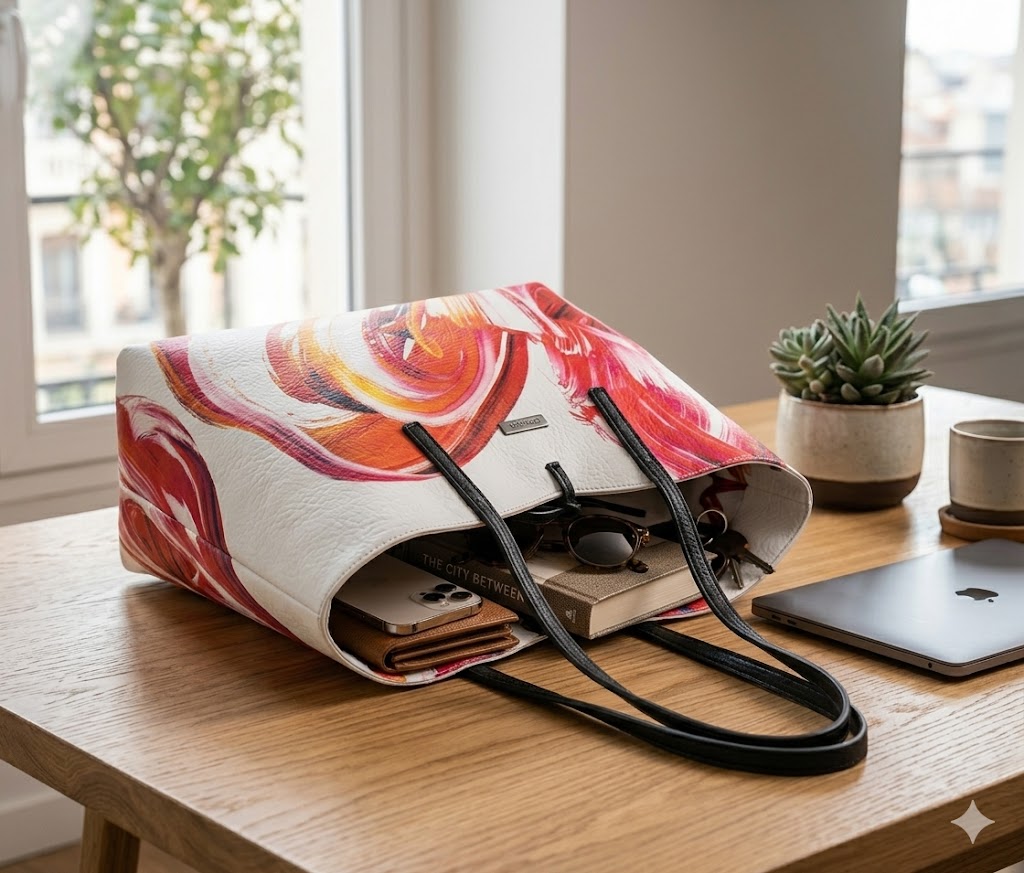 Bolso Desigual Sicilia reversible blanco para mujer colocado sobre mesa mostrando capacidad interior con objetos de uso diario en un ambiente luminoso y elegante.